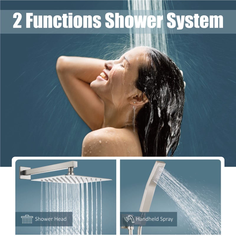Aolemi Shower Faucet Set Rain Shower System with Handheld Spray Bathroom Shower Combo Rough-in Valve and Shower Trim Kit Included Brushed Nickel 10 Inch Wall Mount Shower Head - Image 2